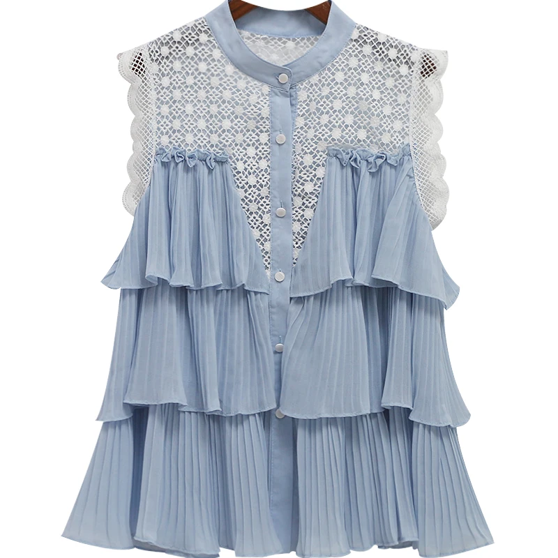 

Kimutomo Sweet Hook Flower Hollow Shirt Women Lace Stitching Single Breasted Sleeveless Chiffon Blouse Women Ruffles Elegant Top