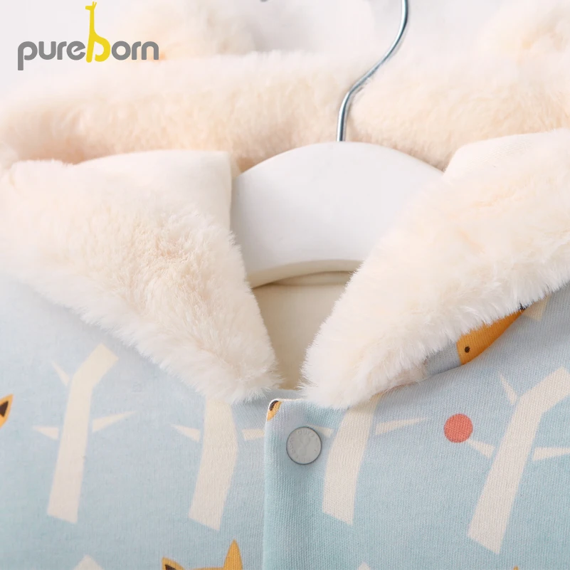 Pureborn комбинезон для младенцев мальчиков девочек Комбинезон утепленный с капюшоном флис полиэстер длинный рукав мультфильм лиса без ног одежда зимняя одежда