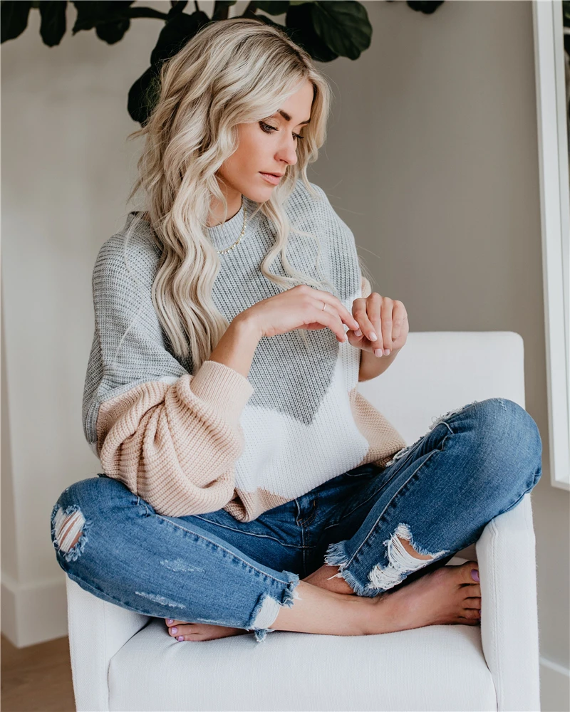 

Plus Size Loose Knitted Sweater Women Jumpers Long Sleeve Woman Pullovers Sweaters Casual Winter Color Block Striped Sweater