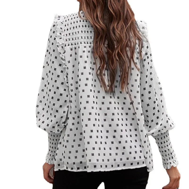 

2021 plus size polka dot printed chiffon shirt women's shirt temperament new lotus leaf lantern long sleeves