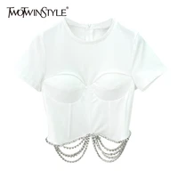 twotwinstyle casual white patchwork diamonds t shirt for women o neck short sleeve korean loose short t shirts female 2021 style