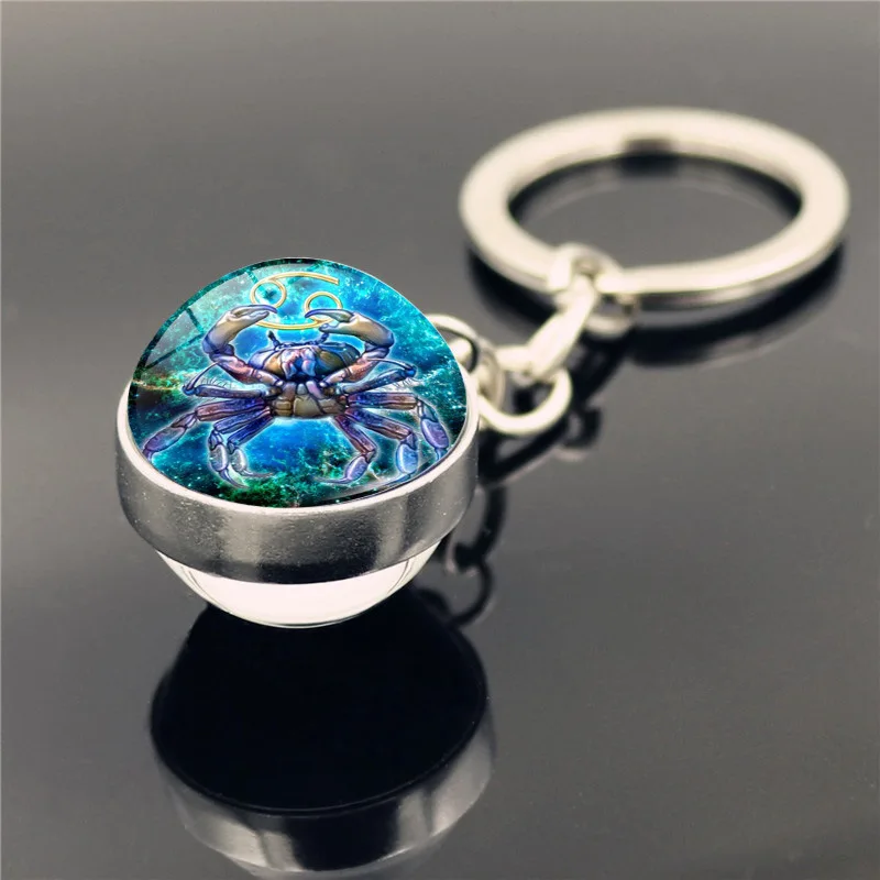 12 Constellation Keychain Pendant Double-sided Cabochon Glass Ball Crystal Zodiac Keychain Jewelry Gift images - 6