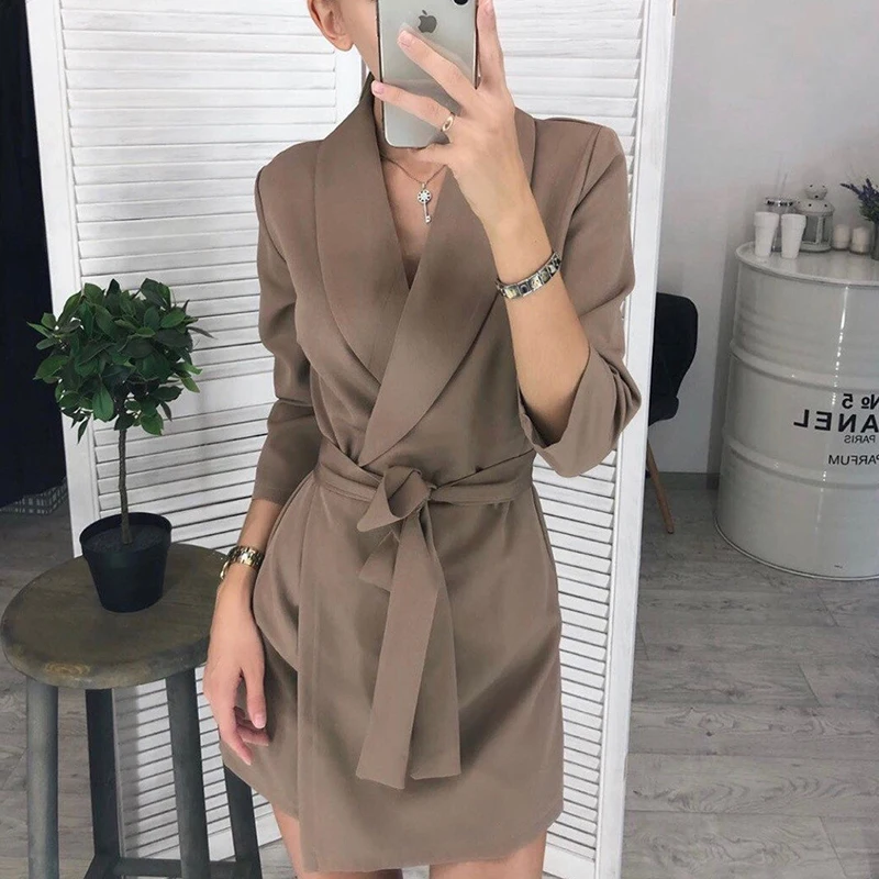 

Women Vintage Sashes A-line Party Mini Dress Long Sleeve Notched Collar Solid Casual Elegant Dress 2020 Winter New Fashion Dress