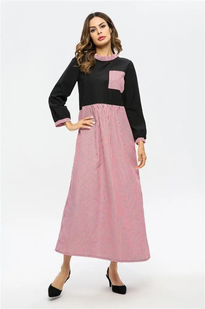 Женское Макси платье в полоску Abaya повседневное длинное мусульманское вечернее