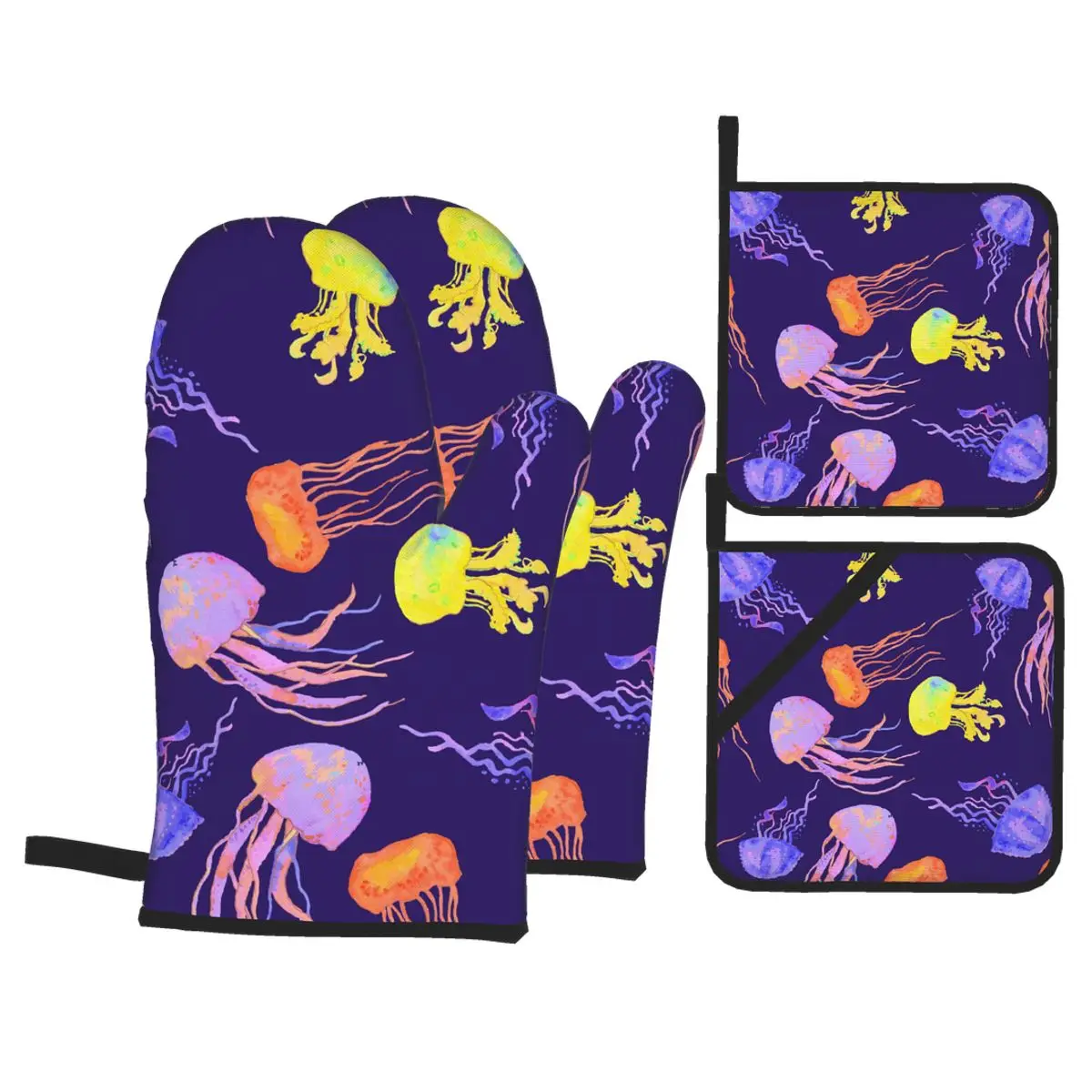 

4pcs Kitchen Gloves Insulation Pad Colorful Jellyfish Sea Pattern Cooking Microwave Gloves Baking BBQ Oven Potholders Oven Mitts