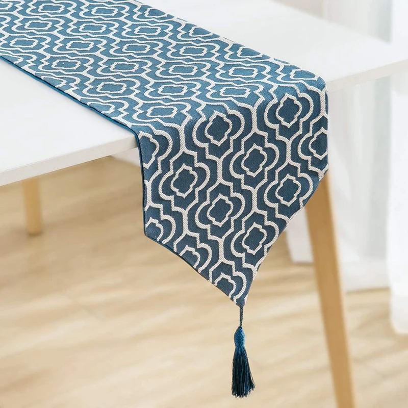 

Blue Table Runner Jacquard Coffee Table Runner with Tassels Dresser Scarf for Home Decor, Party, Wedding