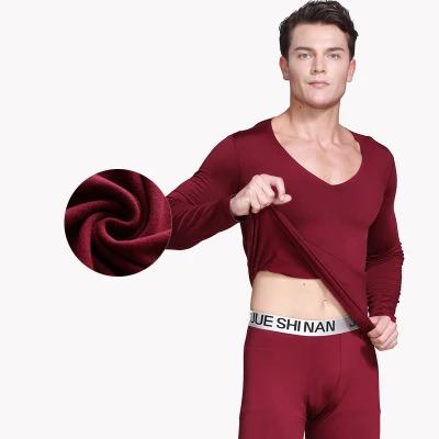 Бургундия 4XLPlus Size Seamless Thermal Underwear For Men Thin Fleece Thermo Clothes V-Neck Slim Warm Second Skin Male Winter Long Johns - Цвет: Бургундия