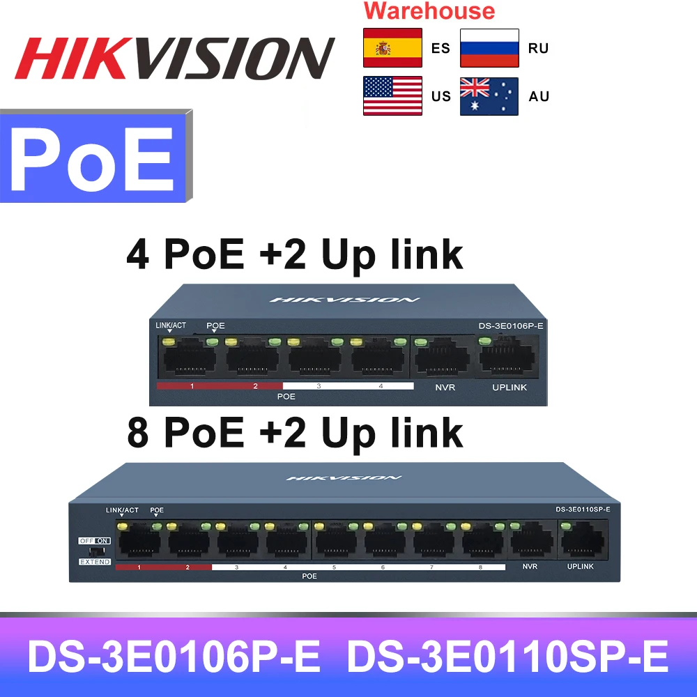Hikvision PoE מתג 4CH PoE DS-3E0106P-E 8CH 8PoE DS-3E0110SP-E POE מתג תמיכה להאריך מצב סגור POE מערכת