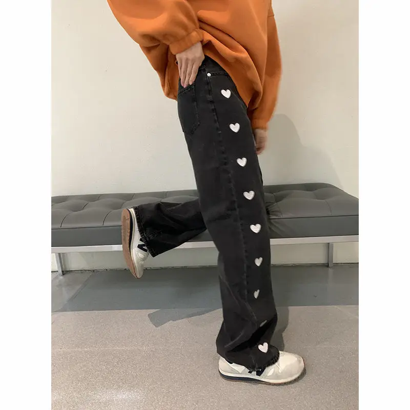 

High waist jeans women's autumn love embroidery straight loose casual wide-leg Woman Long Trousers Cowboy Female trousers