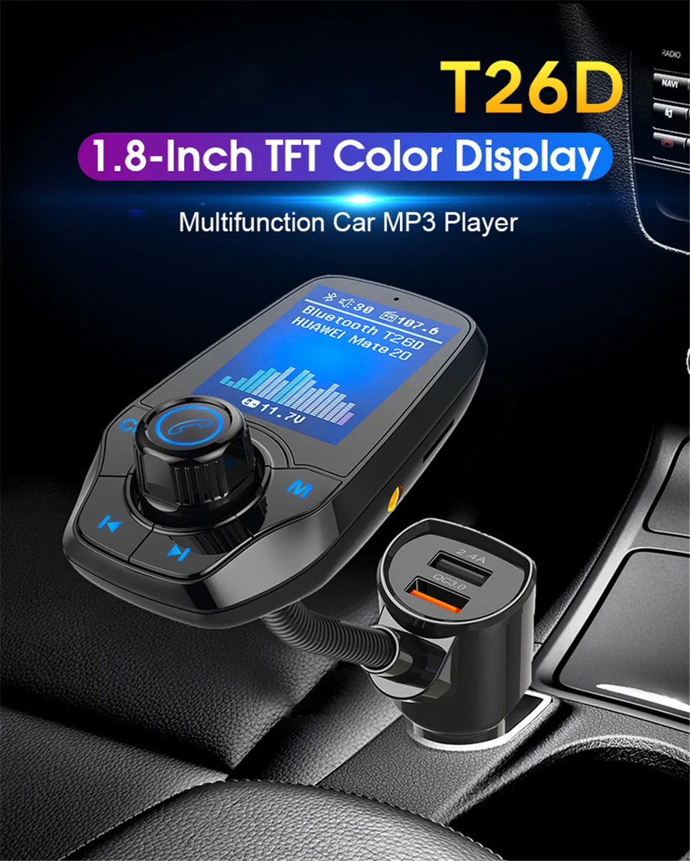 Автомобильный Bluetooth fm-передатчик без рук MP3-плеер цветной большой экран пусковой приемник QC3.0 Bluetooth радио передатчик T26D