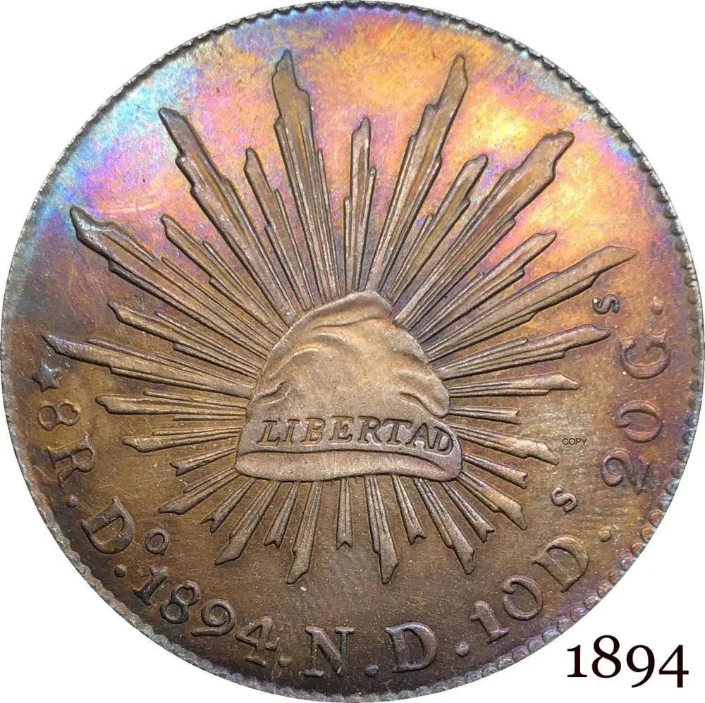

Мексиканская Республика Мексиканская 1894 н D 8 реалов Libertad Орел со змеей на кактусе блестящая шапочка с лучами посеребренные копировальные монеты
