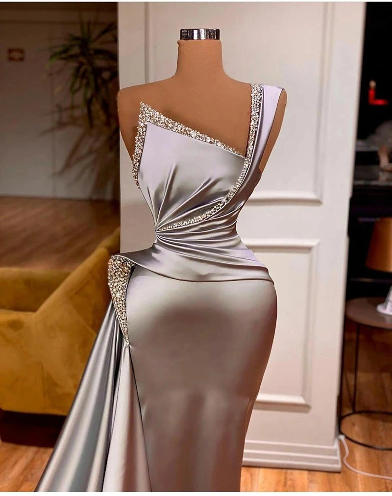 

Evening Dresses Strapless Court Train Mono Exquisite Floor-Length Satin Asymmetrical Beading CRYSTAL Draped 2021 New