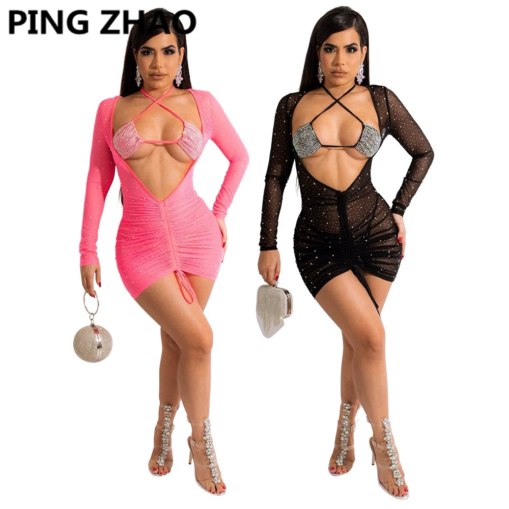 

PING ZHAO Women Diamonds Hot Drill Mesh See Though Open Front Bodycon Mini Dress Spring Sexy Night Party Ruched Dress