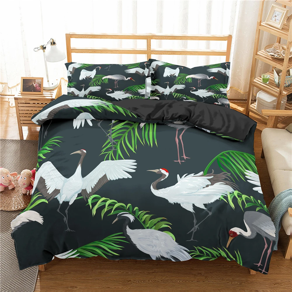 

ZEIMON Luxury 3D Bedding Set White Crane Comforter Cover Adults Home Textiles Double Queen Floral Duvet Cover Sets 240x220
