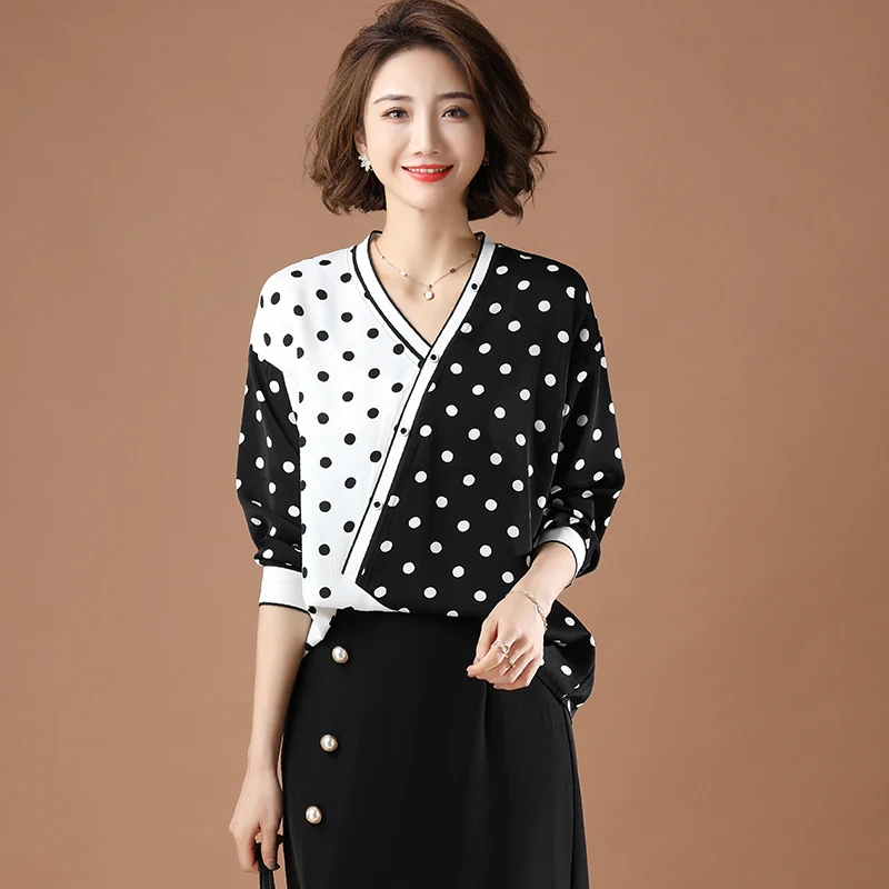 

New Arrival Spring/autumn Women Loose V-neck Long Sleeve Blouse Patchwork Polka Dot Chiffon Single Breasted Casual Shirts W667