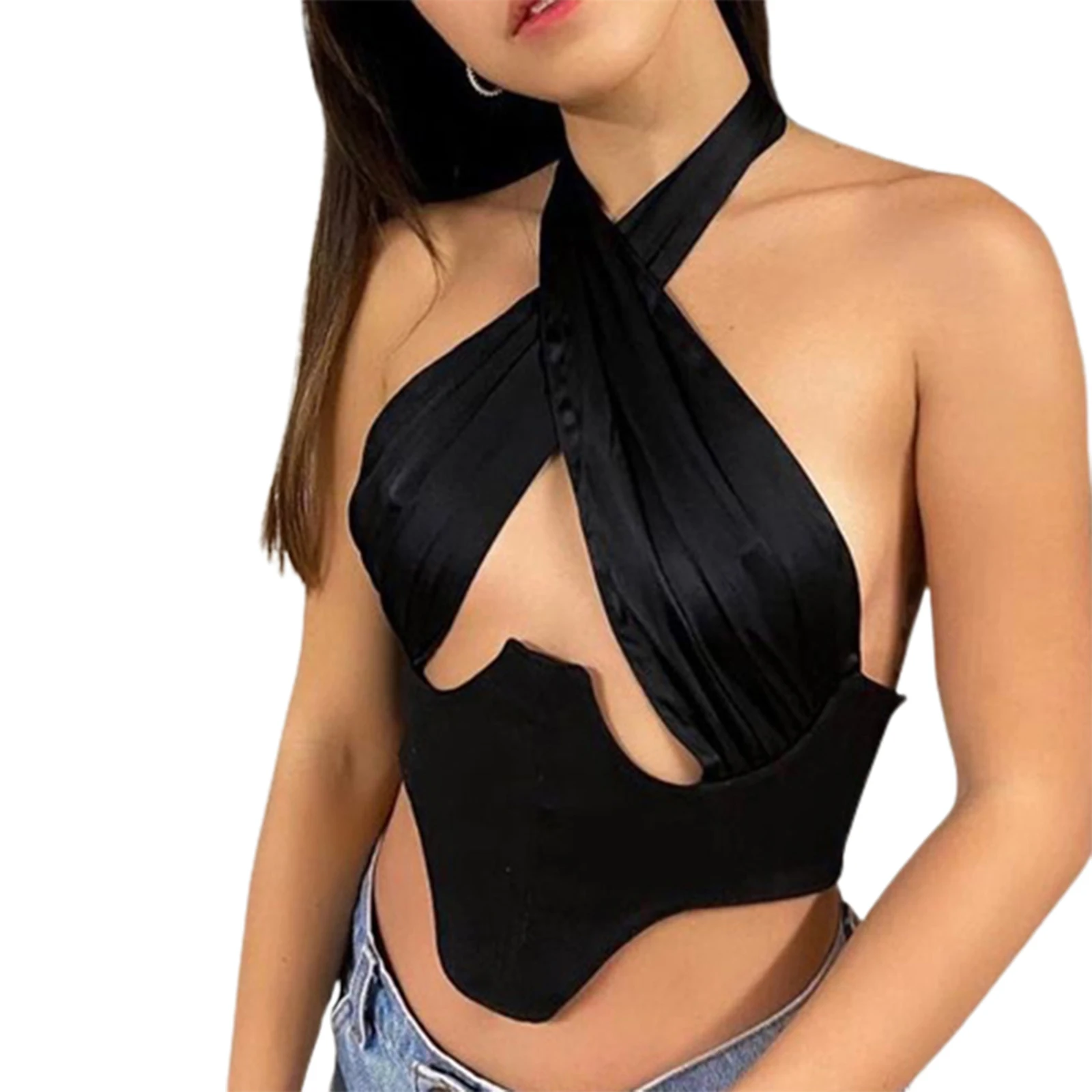 Женский укороченный топ с лямкой через шею летний пикантный однотонный без