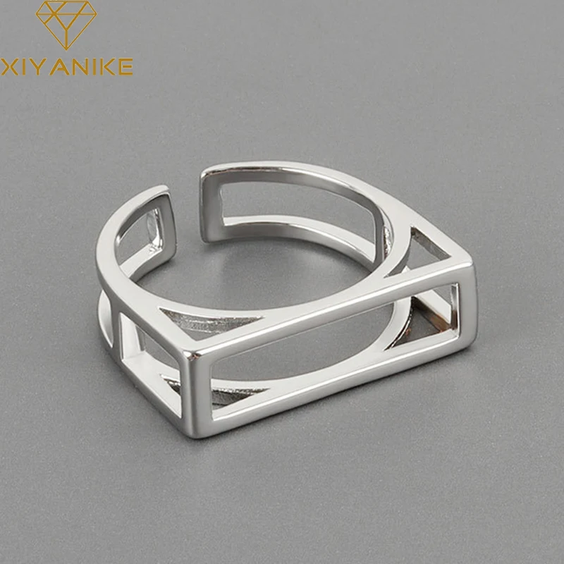 

GoldriaE 925 Sterling Silver Geometric Rectangle Hollow Line Ring Female Open Button Simple Glossy Handmade Jewelry Wholesale