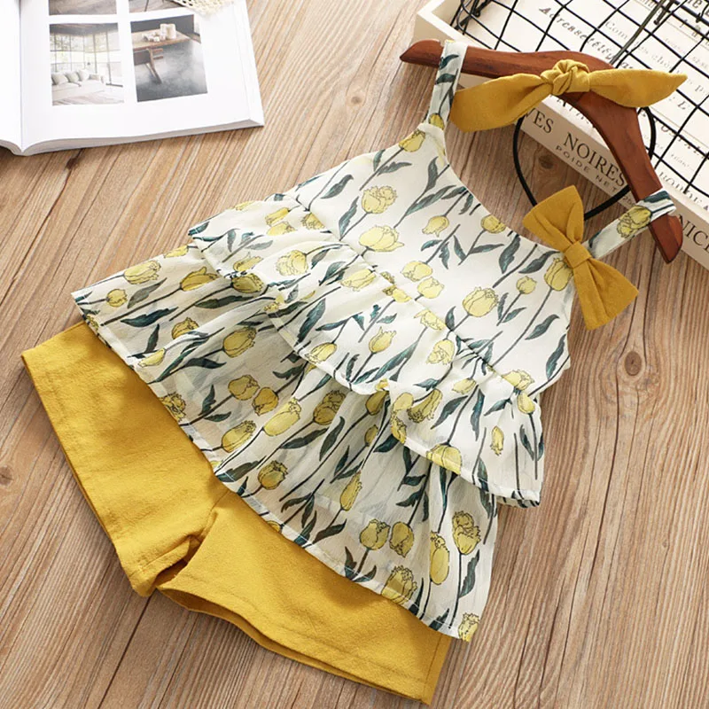 Коллекция 2019 года новый летний костюм для девочек шифоновый топ на бретельках с