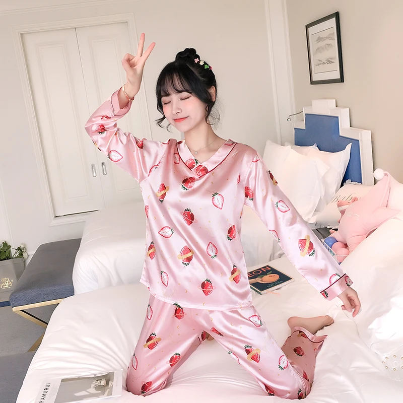 Осенняя Шелковая пижама с длинным рукавом для женщин pijama mujer, милый пижамный комплект с мультяшным принтом, домашняя одежда, длинные штаны, сексуальные пижамы