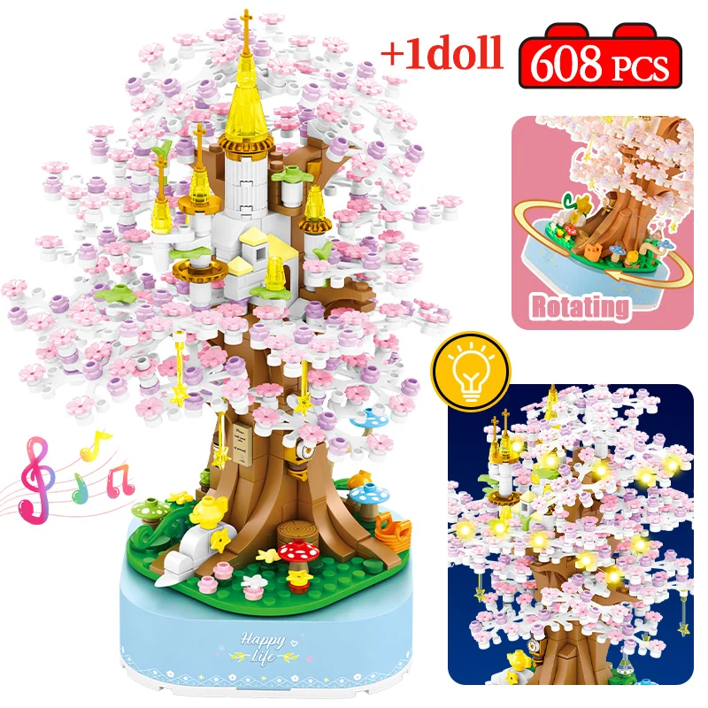 

608pcs City Christmas LED Rotating Pink Sakura Music Box Building Blocks Figures Friends Bricks Toys For kids Girls Xmas Gift