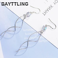 bayttling silver color 76mm exquisite square zircon wave drop earrings for woman fashion party jewelry wedding gift