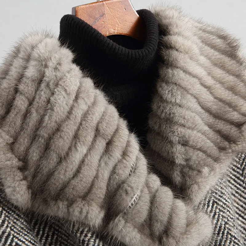 

JCBC 2021 Tweed Wool Jacket Real Fur Coat Female Natural Lamb Fur Liner Long Women Winter Jackets Mink Collar 18621 WYQ2008