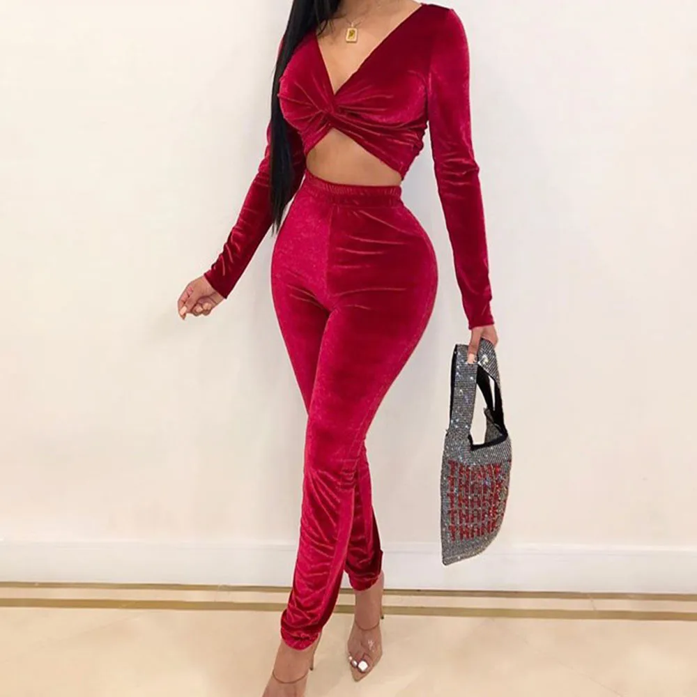 Бархатный женский комплект из 2 предметов Осенний обтягивающий топ с длинными