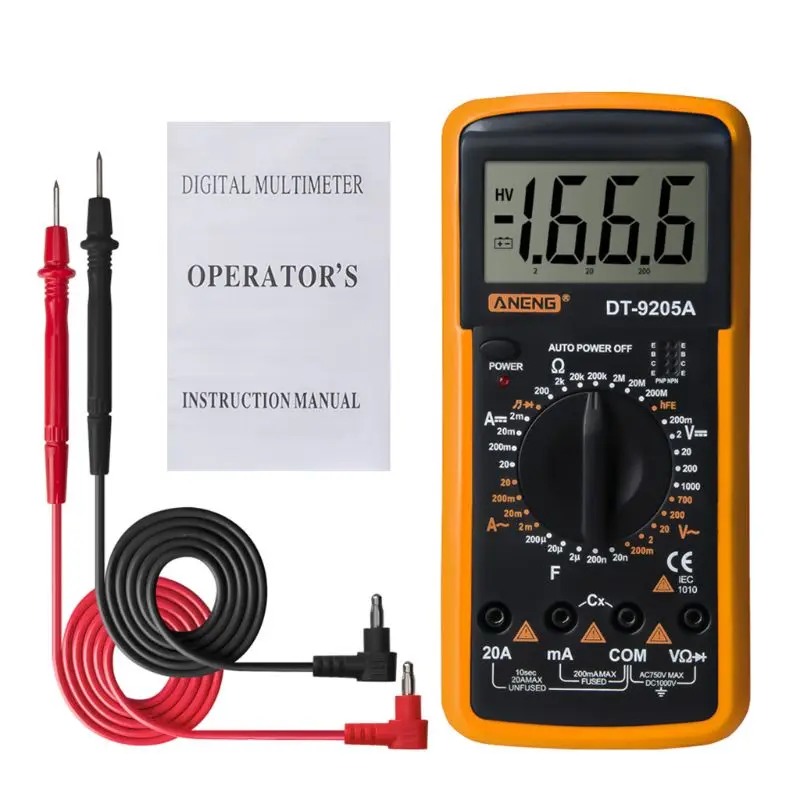 DT9205A Цифровой мультиметр hFE AC DC Триод диод сопротивление Amp электрический тестер
