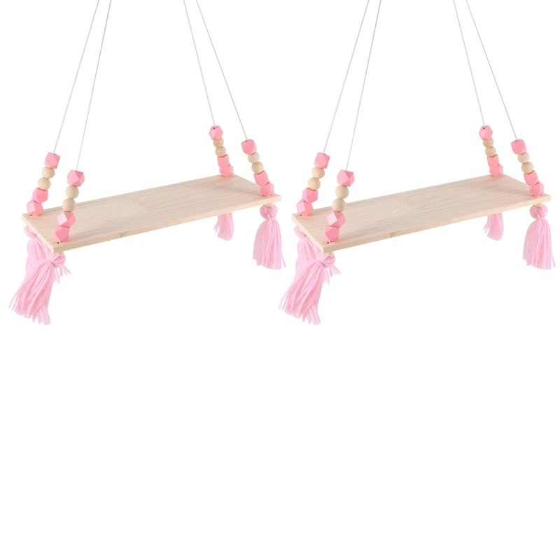 

2X Wooden Wall Shelf Hanging Tassel Children Baby Nordic Style Wall Frame Pink