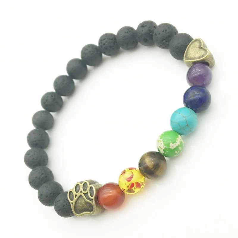 Винтажные собачьи лапы 8 мм радужные чакр черные браслеты из лавового камня