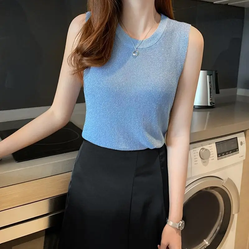 Летний женский пуловер без рукавов вязаный жилет облегающий Вязаный топ с