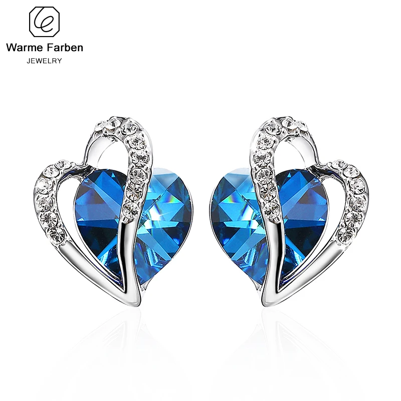 Серьги Warme Farben с кристаллами Swarovski для женщин, сережки-гвоздики с синим кристаллом в виде сердца, хорошее ювелирное изделие, 925 пробы серебряные серьги
