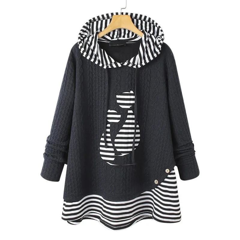 

Winter Hooded Striped Long Sleeve Casual Women Sweatshirts Oversize Cat Patchwork Loose Hoodies Pullover Solid Color Outwear