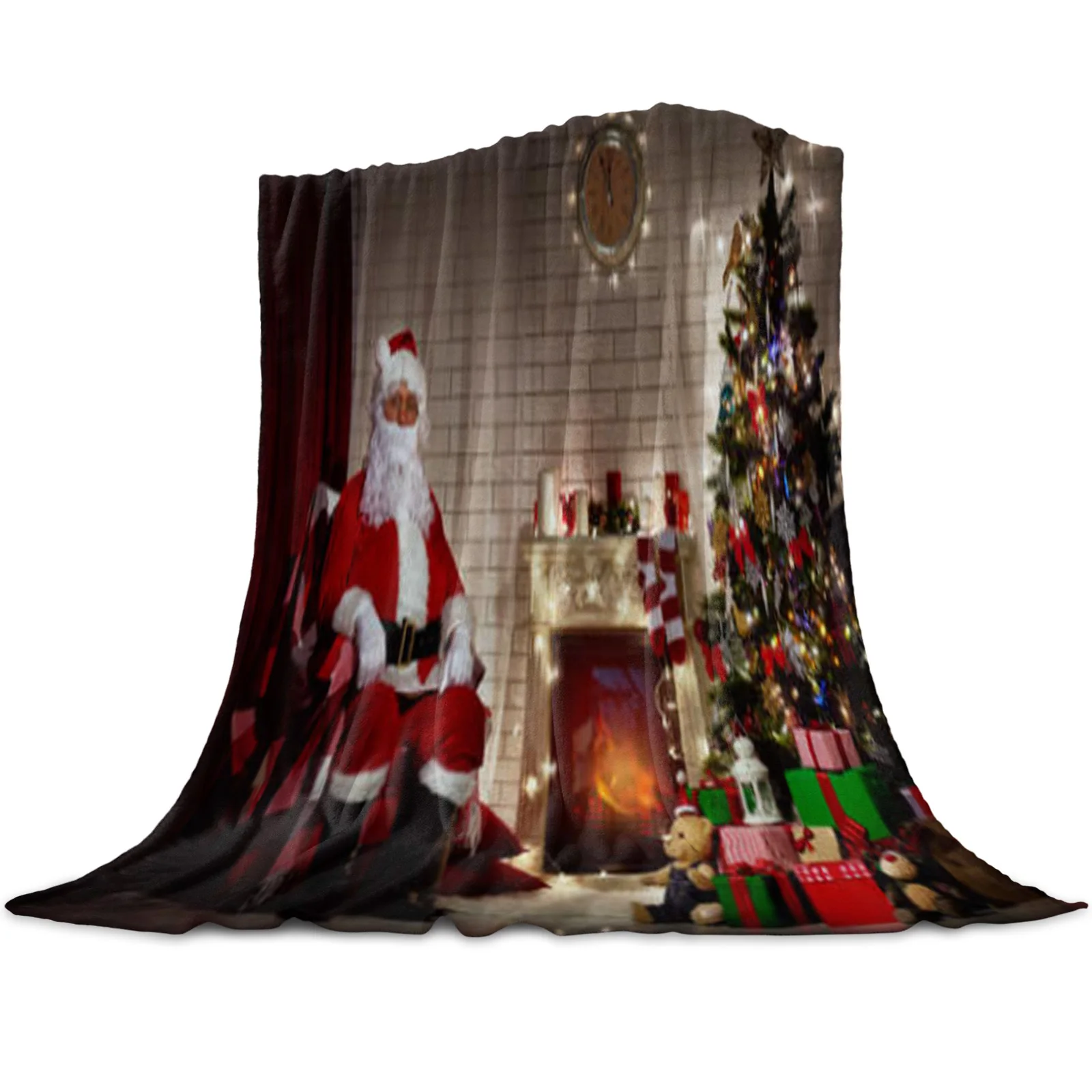 

Santa Claus Christmas Tree Throw Blanket for Sofa Christmas Decor Bedspread Portable Microfiber Flannel Picnic Blanket