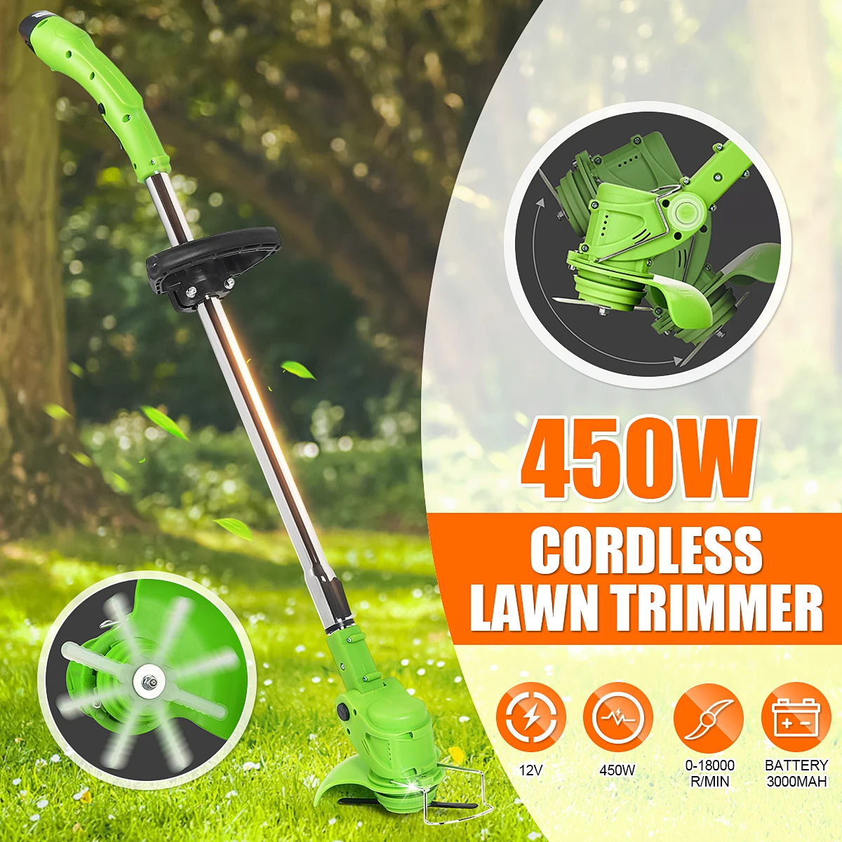 

Meigar Wireless Rechargeable Grass Trimmer 450W 2000mah 12V Adjustable Electric Garden Push Lawnmower 1/2 Batterys w/Blades