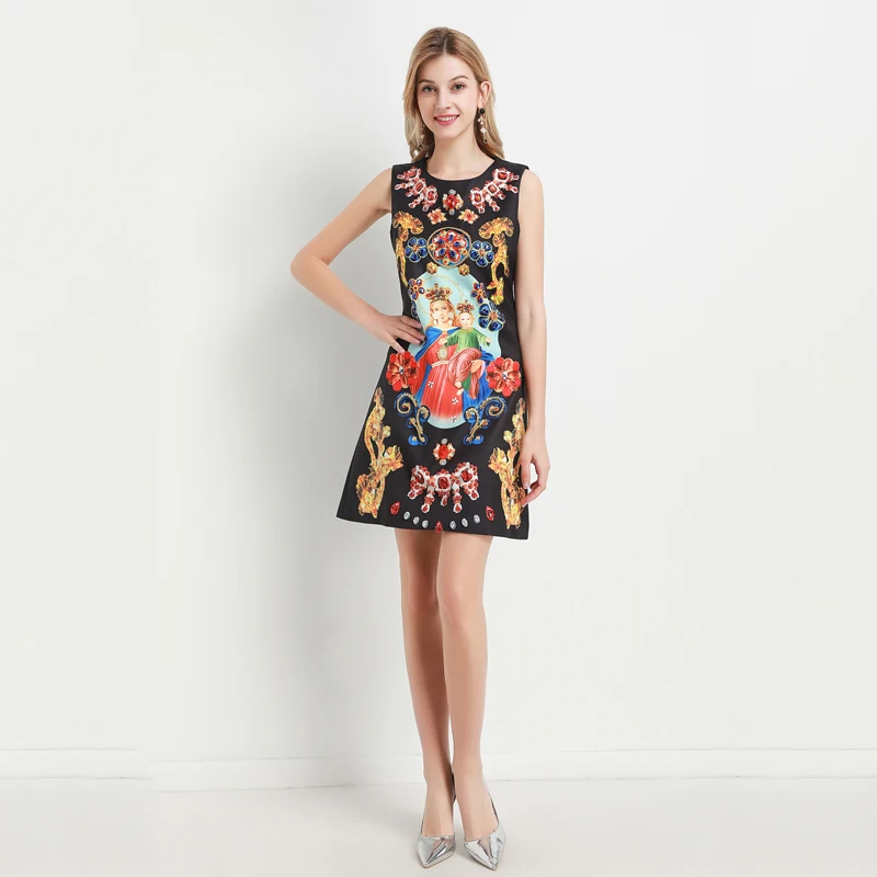 

VERDEJULIAY New 2020 Spring European Vintage Style A-Line Dresses Women Luxury Diamonds Sleeveless Tank Mini Retro Print Dress