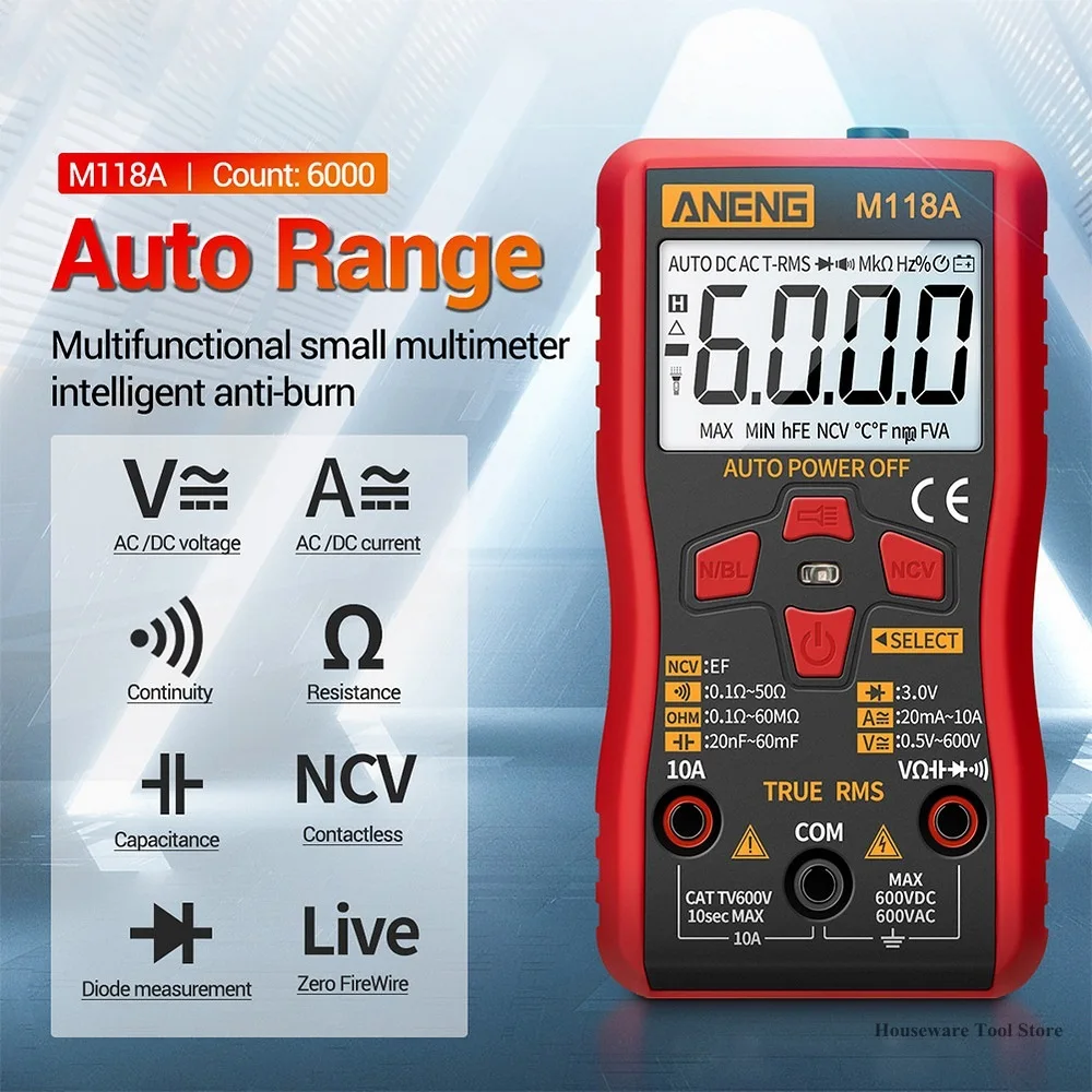 

ANENG M118A цифровой мини мультиметр тестер истинный Rms Авто мультиmetro Tranistor метр с NCV хранения данных 6000 отсчетов фонарик Новый