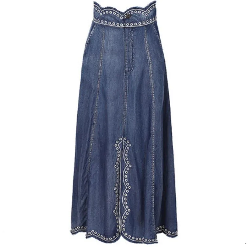 Длинная джинсовая юбка с вышивкой, модная свободная повседневная юбка макси из денима с завышенной талией, юбка-трапеция с разрезом от AliExpress RU&CIS NEW