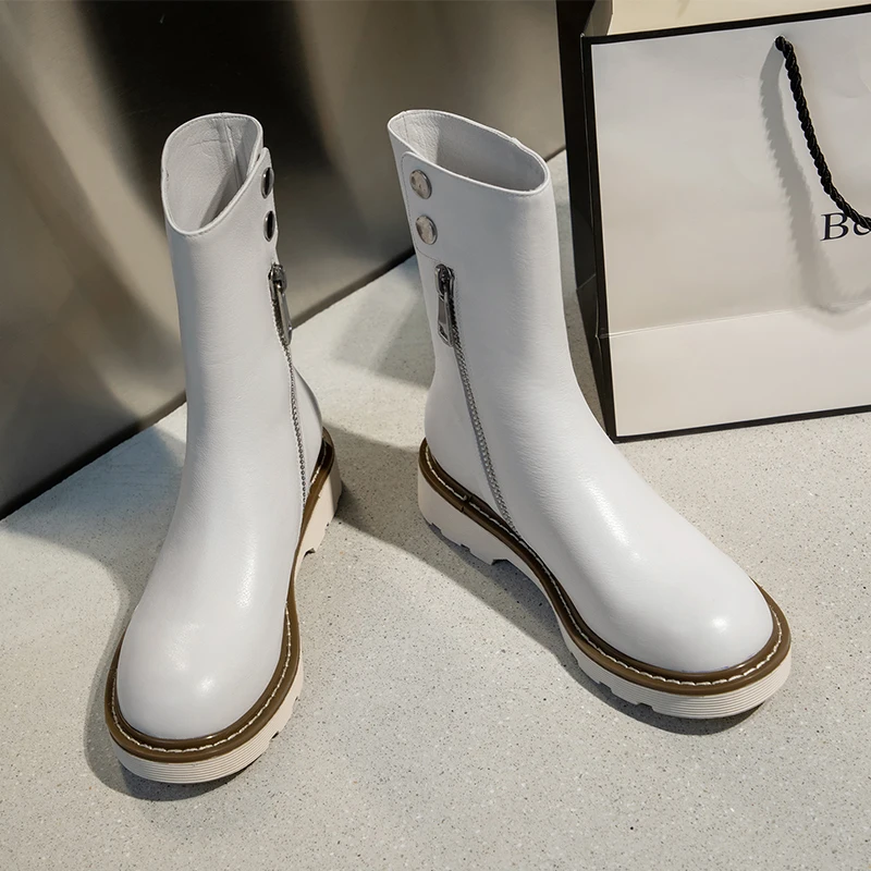 

Newest motorcycle Shoes Woman 2021 Winter Thick low Heels Ankle Boots Genuine Leather Round Toe Office Lady Casual Women Shoes