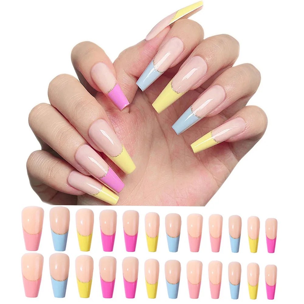 

Press on Nails Coffin French Tips Extra Long False Glossy Acrylic Ballerina Manicure 24pcs Full Cover Fingernails Artificial Set