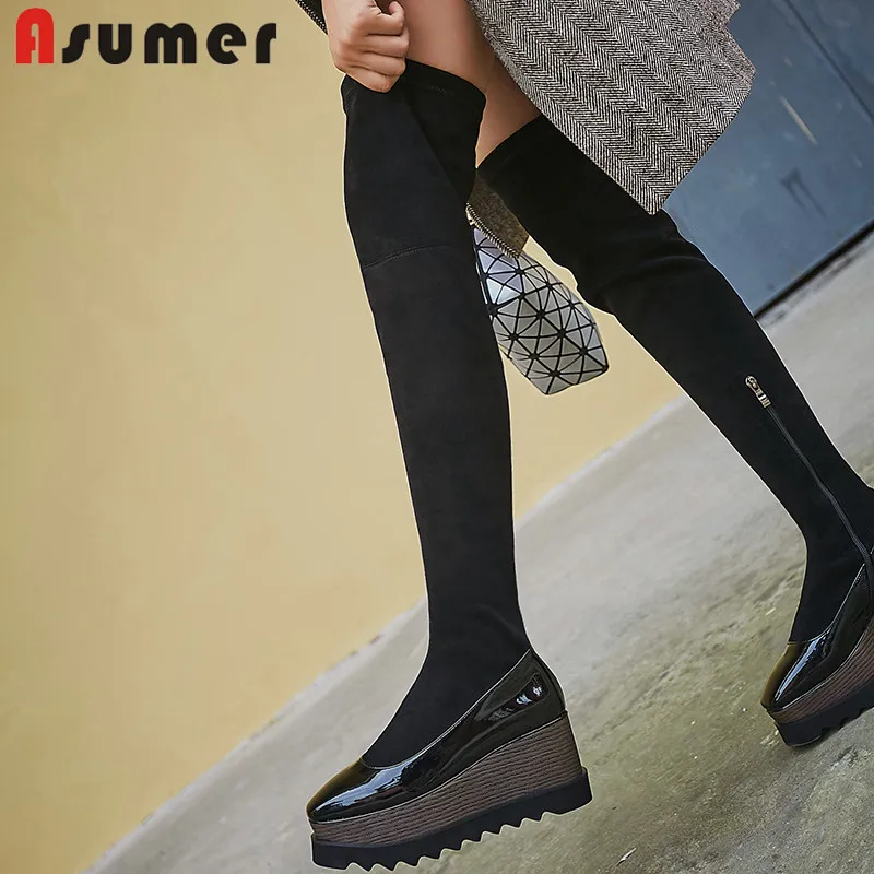 ASUMER размера плюс 34-42 новые сапоги из натуральной кожи с круглым носком на