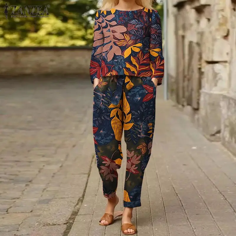 

Женские повседневные комплекты с принтом ZANZEA 2022, блузка с длинным рукавом и брюки-султанки, женские топы с цветочным принтом и брюки с эласт...