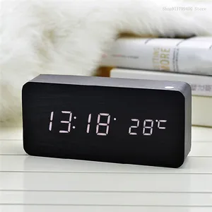 new creative led wood clock home office voice controlled electronic alarm clock digital display alarm clock free global shipping