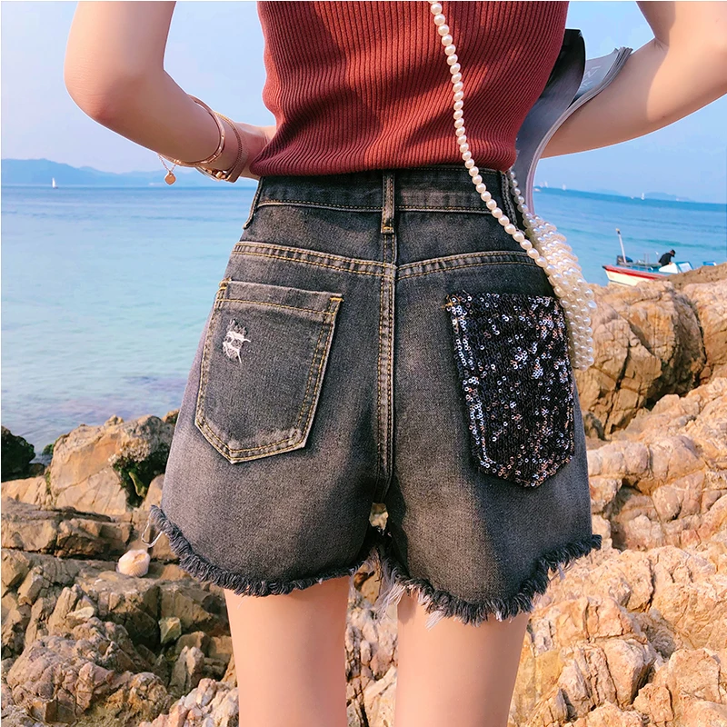 

2020 Women Shorts Jeans Shorts Feminino Denim Hole Ripped leg-openings Plus size Sequins Shorts with pockets pantalones
