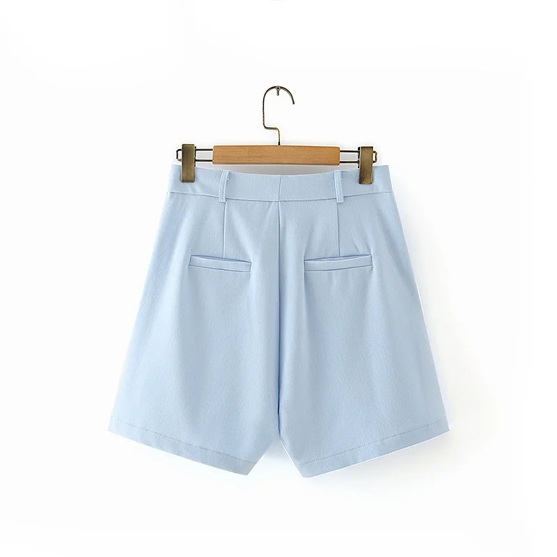 

Elegant Blue High Waist Women Suit Shorts 2021 Summer New Solid Wide Leg Casual Straight Short Pants Zipper Fly Female Shorts
