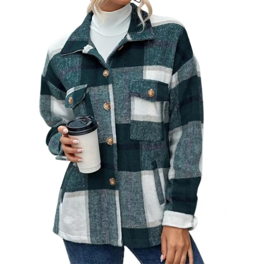 

Casual Coat All-Match Shirt Coat Skin-Touch Thick Stylish Plaid Print Buttons Casual Coat