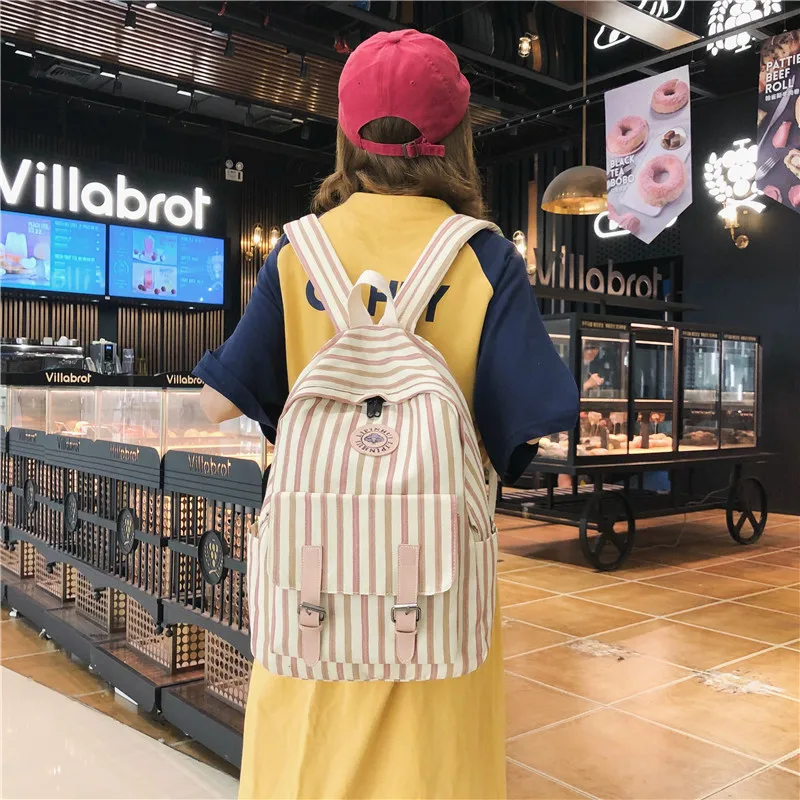 Женский клетчатый холщовый рюкзак Harajuku Студенческая женская школьная сумка для девочки полосатые Симпатичные рюкзаки Kawaii Пряжка женская сумка книга Подростковая