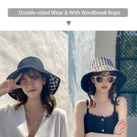 fashion double sided wore women bucket hat foldable wide brim panama hats beach outdoor anti uv dome casual cotton plaid sun cap