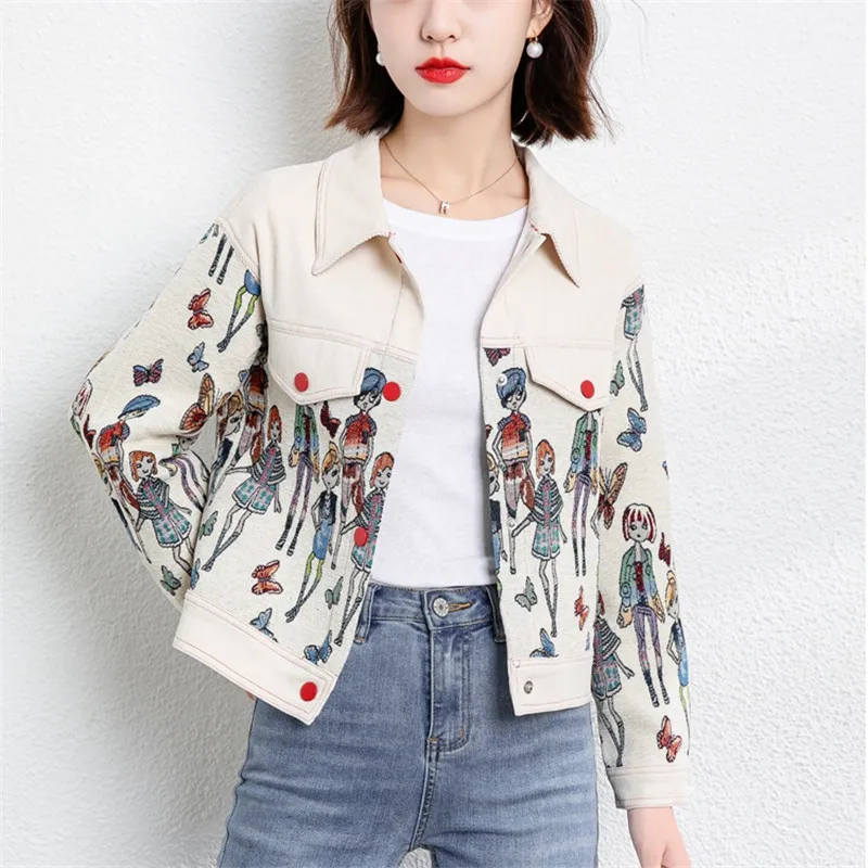 

CBAFU Новая Осенняя короткая куртка Женское пальто кардиганы с мультяшным принтом с отложным воротником и длинным рукавом Красная пуговица с ...