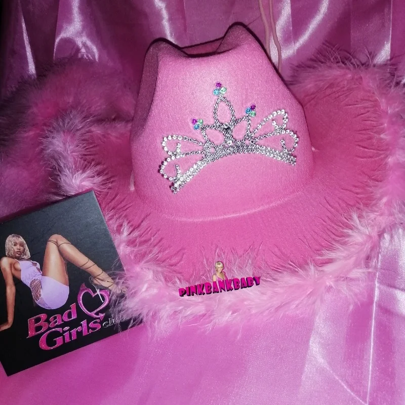 Y2k Western Cowboy Hat Headdress Pink Cowgirl Hat Wide Brim Feather Edge 90s Retro Hat Millennial Hot Girl Party Hat